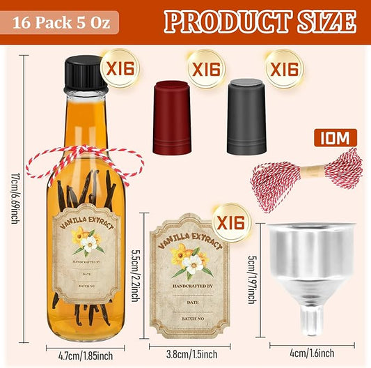 16 Pack 5 oz Glass Bottles for Vanilla Extract with Lids, Labels, Shrink Bands & Funnel – Ideal for Syrup, Essential Oils, and Homemade Extract Gifting