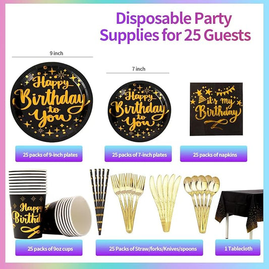 201 Pieces Birthday Plate Set, Birthday Decorations, Includes Paper Plates, Paper Cups, Straws, Napkins, Tablecloths, and Plastic Knives, Forks, and Spoons, Suitable for parties of 25 people!(Black)