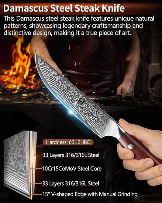 XINZUO 5Pcs Steak Knives Set, Non Serrated Dinner Knives with Drawer Knife Holder,67-layer Damascus Steel Kitchen Knife with Rose Wood Handle, Acacia Wood Knife Block