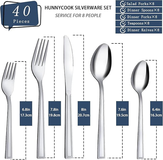 Silverware Set, Hunnycook 40-piece Silverware Set for 8, Stainless Steel Flatware Set, Include Fork Knife Spoon Set, Mirror Polished, Dishwasher Safe, Cutlery Set for Home Kitchen Restaurant Hotel