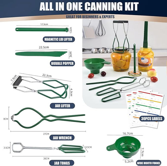 Food Mill Stainless Steel With 3 Grinding Discs and Complete Canning Supplies Starter Kit of 8-Includes Tongs, Jar Lifter, Wrench, Lid Lifter, measurer,Funnel,Labels,Multifunctional Spoon(BX-OG-GR)