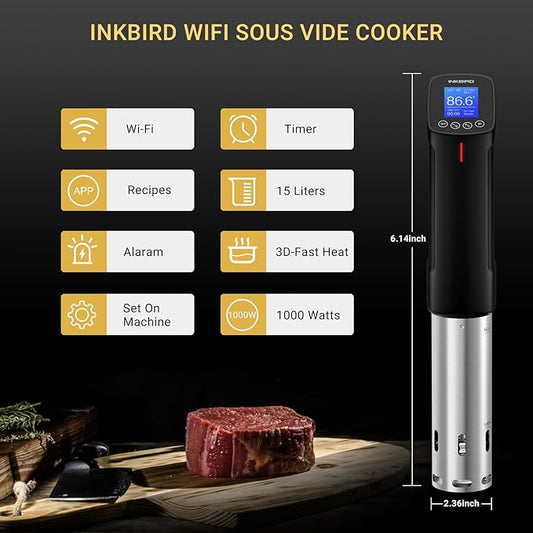 INKBIRD WIFI Sous Vide Cooker & 44PCS Vacuum Sealer Pump Sous Vide Starter Kits with 30PCS Sous Vide Bags, Recipes on APP,1000W Sous-Vide Machine for Steak