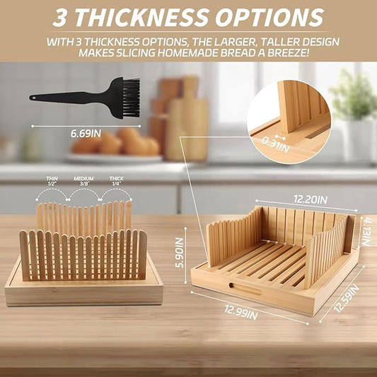Bread Slicer for Homemade Bread & Sourdough Rounds - Adjustable Bamboo Bread Cutter with Foldable Crumb Tray, 3-Width Guide - Perfect Slicer for Loaf, Bagels, Cake (No Knife Included)