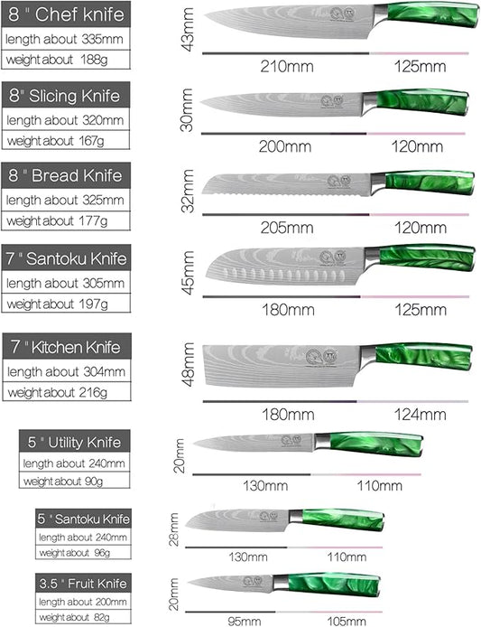 XYJ Cutlery Knives Set with Storage Roll Bag Etched Pattern Stainless Steel Chef Knives Utility Santoku Bread Slicing Knives Lightweight Ergonomic Handle (Green)