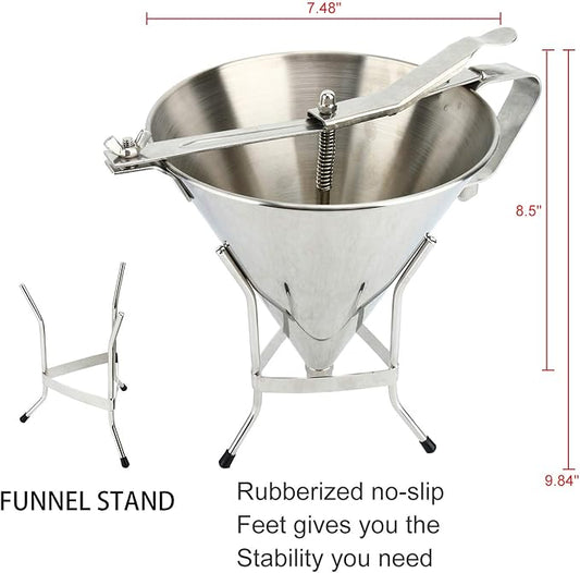 Confectionery Funnel Stainless Funnel Stainless Cake Funnel Cake Decorating Tool Funnel with Stand and Three Nozzles Commercial Quality Tool, 7.48 Inch Diameter and Stands 9.84 Inch Tall