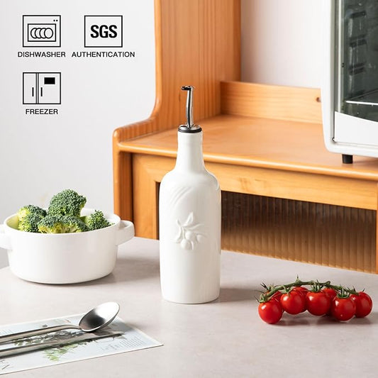 Sweejar Ceramic Olive Oil Dispenser Bottle, 18 FLOZ Oil Bottle with Spout,Porcelain Oil Dispenser for Kitchen,Cooking, Evoo, Vinegar, Soy Sauce, Pack of 1 (White)