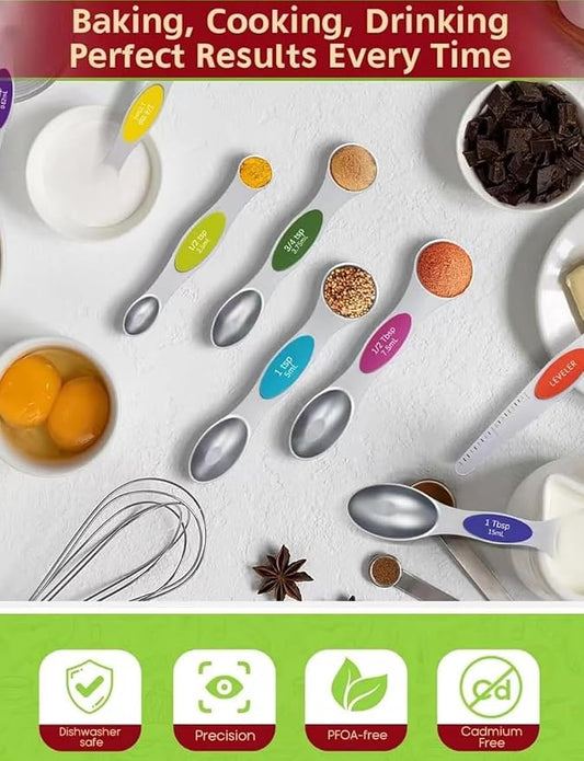 Premium Magnetic Measuring Spoons Set|Strong N52 Magnets|Heavy Duty Stainless Steel|Dual-Sided for Spice Jar & Liquid Measuring|Dishwasher Safe|7 Spoons with Leveler for Baking & Cooking (Colorful)