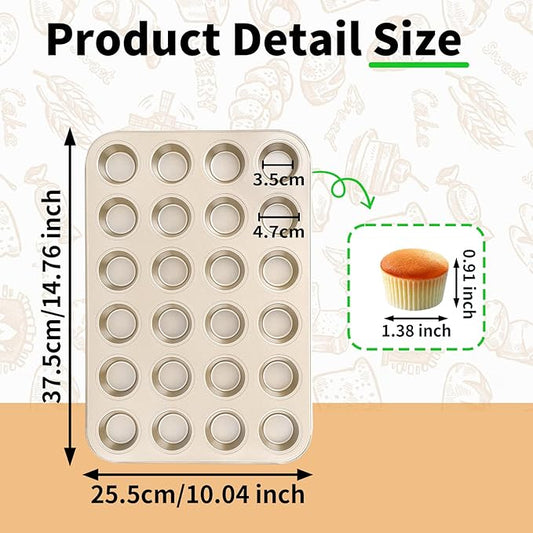 Beasea Nonstick Mini Muffin Pan 24 Cups, 2 Pack 24 Mini Small Tiny Cup Non Stick Muffin Baking Pan Tin Tray Carbon Steel Bakeware Individual Cupcake Baking Pan - Gold