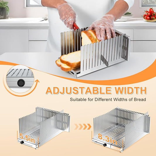 Stainless steel Bread Slicer for Homemade Bread, Bread Loaf Slicer,Bread Slicing Guide,Adjustable Width, Foldable Compact,for Cakes,Bagels,Each slice is 0.5" thick,Bread width Size: 5.5"-8.3"