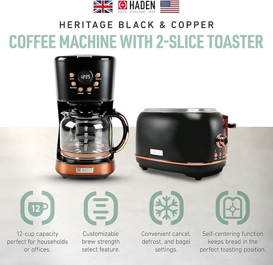 Haden Heritage 2 Slice Wide Slot Stainless Steel Toaster Bundled with 12 Cup Programmable Drip Coffee Maker Coffee Machine, Black & Copper