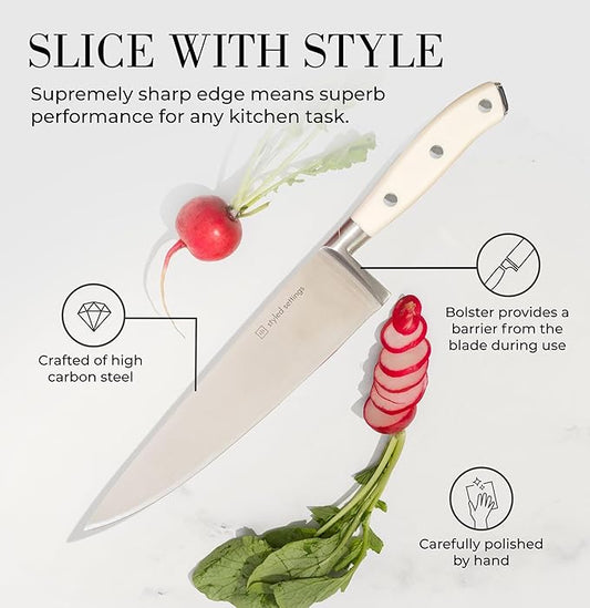 White Knife Set with Block – 14-Piece Forged Stainless Steel Knives with Triple Rivet Handles, Heavy-Duty Kitchen Shears, and Self-Sharpening Knife Block – Durable White Kitchen Accessories