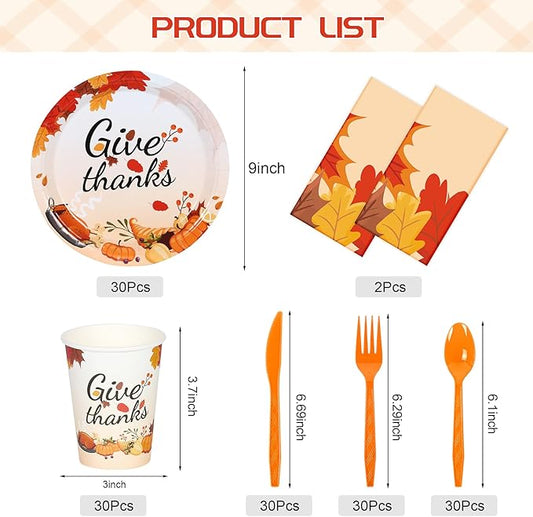 Childom 152Pcs Thanksgiving Plates and Cups,Disposable Thanks Giving Dinnerware Set,Thanksgiving Decorations,Thanks Giving Party Supplies,Give Thanks Tablecloth Plates Cups Forks Knives Spoon,Serve 30