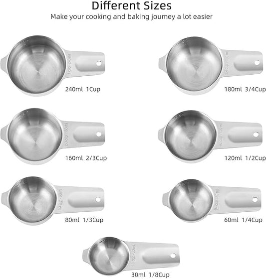 Measuring Cups Set, 18/8 Stainless Steel Measuring Cups Set of 7 for Drying & Liquid, Metric & US Nesting Measuring Tools for Kitchen & Baking