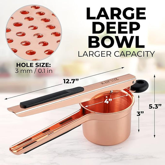 Zulay Kitchen Premium Large 15oz Potato Ricer, Heavy Duty Professional Stainless Steel Potato Masher and Ricer Kitchen Tool, Press and Mash Kitchen Gadget - Rose Gold Fixed Disc