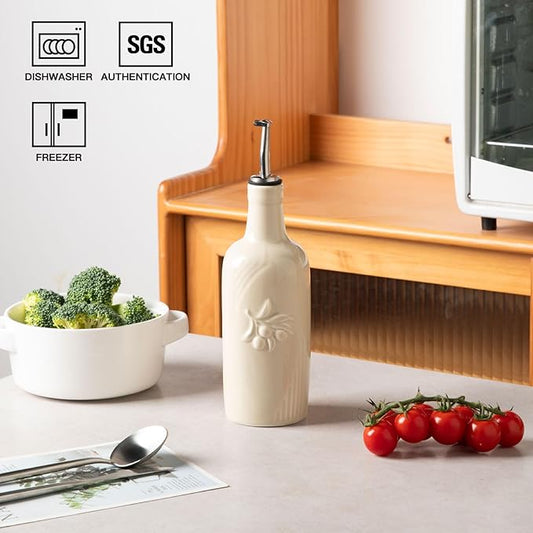 Sweejar Ceramic Olive Oil Dispenser Bottle, 17 FLOZ Oil Bottle with Spout,Porcelain Oil Dispenser for Kitchen,Cooking, Evoo, Vinegar, Soy Sauce, Pack of 1 (Beige)