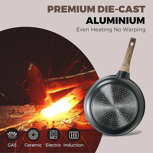 ZHANG XIAO QUAN SINCE 1628 Die-Cast Aluminum Nonstick Frying Pan 9.5 Inches with Non-Toxic Coating, Skillet with Bakelite Wood Grain Handle, Even Heating Cookware, PFOA/PFOS Free, Black
