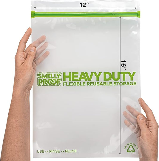 Smelly Proof REUSABLE STORAGE BAGS, Extra Large HEAVY DUTY 5-mils US-Made, BPA FREE, NO PEVA, Dishwasher-Safe Reusable Freezer Bags Triple Zip CLEAR FLAT XXL 2-Gallon 12" x 16" - 5pk