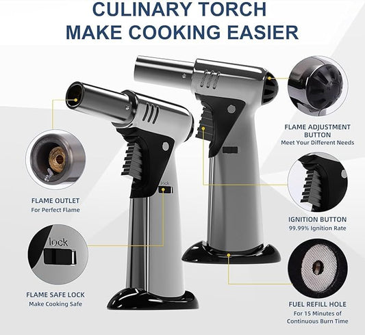 Butane Torch, Butane Refillable Kitchen Cooking Torch, Torch Lighter with Safety Lock And Adjustable Flame For BBQ, Baking, Brulee Creme, Crafts and Soldering(Butane Gas Not Included)