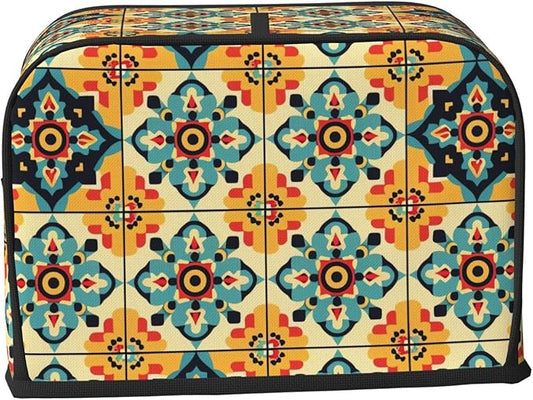 Brown Boho Tile Toaster Cover 2 Slice, Cute Rural Bread Machine Cover, Washable Dust-Proof Cover for Kitchen Small Appliance Cover,with Top Handle
