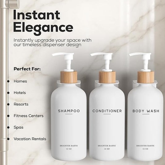 White Shampoo and Conditioner Dispenser Set Wall Mounted by Brighter Barns - Shower Dispenser 3 Chamber No Drill - Refillable Shampoo and Conditioner Bottles for Shower Wall in Airbnb, Hotel (White)