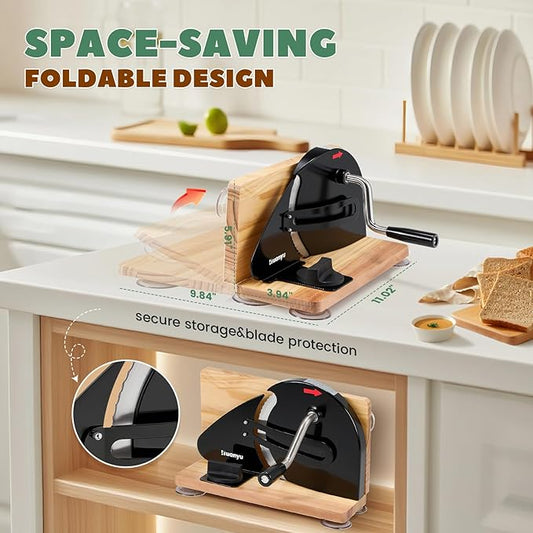 Huanyu Manual Bread Slicer Upgrade Foldable Sourdough Cutter Versatile Hand Crank Slicers Stainless Steel Blade Adjustable Thickness with Scale Line&Suction Cup for Homemade & Commercial Use (Black)