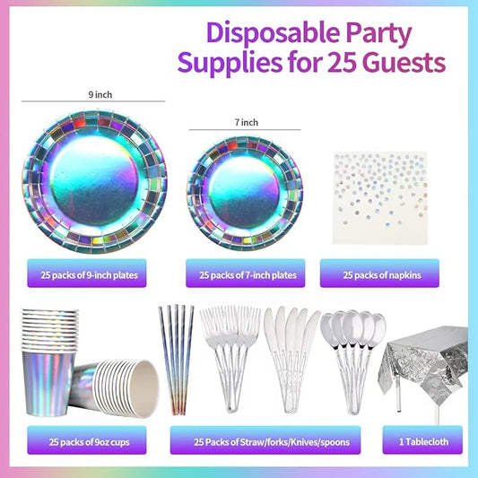 201-piece disposable party tableware set with paper plates, cups, napkins, straws, tablecloths, plastic knives, forks and spoons for a variety of party occasions for up to 25 people (Silver Rainbow)