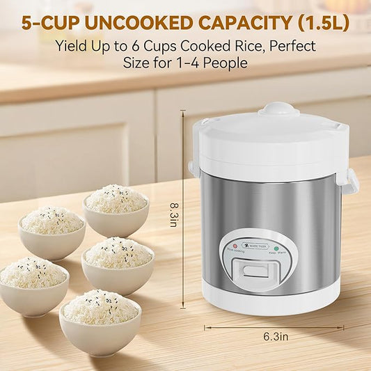 WHITE TIGER 1.5L Mini Rice Cooker for 5 Cups Uncooked (6 Cups Cooked), Smart Rice Cookers with One Touch & Auto Keep Warm, Portable Travel Small Rice Cooker with Lid and Removable Non-stick Pot, Suitable For 1-4 People Cooking Rice, Oatmeal, Veggies