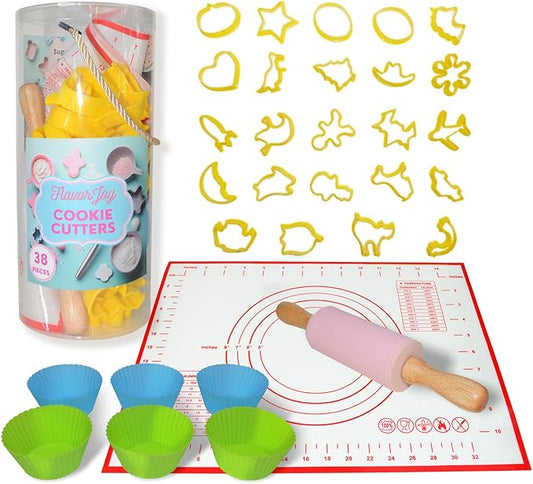 Cookie Baking Cutter Set For Kids - 6 silicon cupcake forms, 24 Assorted Cookie Cutters, Rolling Pin, Silicone Baking Pan, Non-Stick Baking Mat, Fun Activity Gift for Boys and Girls, Age 4+