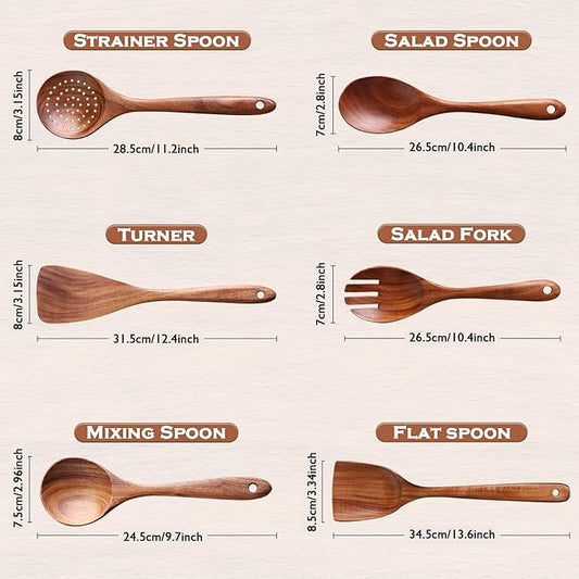 Wooden Spoons for Cooking, 6 Pcs Wooden Utensils for Cooking, Natural Teak Wood Non-Stick Cooking Spoons, Wood Utensils Set for Kitchen