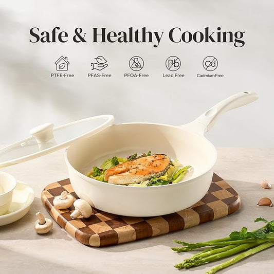 Redchef Ceramic Frying Pan with Glass Lid, Nonstick Deep Saute Pan for All Stovetops, Healthy Cooking Pan, Ergonomic Handle, Fast Even Heating, Splatter Prevention, Oven Safe, Beige (5.2Qt, 12")