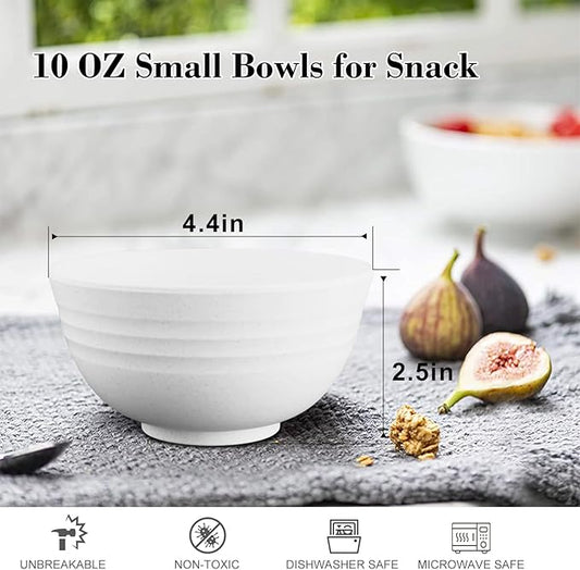 Wrova Wheat Straw Snack Bowls 10oz Set of 8 - Unbreakable Dessert Bowl for Kids - Small White Bowls for Ice Cream,Snack and Fruits - Microwave & Dishwasher Safe Mini Appetizer Bowl Sets - White