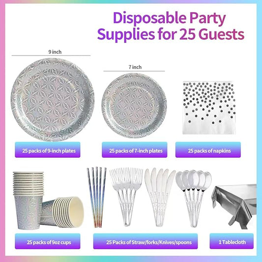 201-piece disposable party tableware set with paper plates, cups, napkins, straws, tablecloths, plastic knives, forks and spoons for a variety of party occasions for up to 25 people (Silver Snowflake)