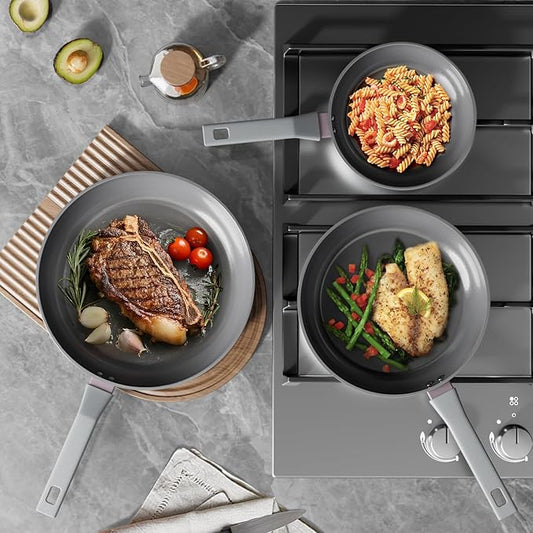 Sanho Healthy Ceramic Non-Toxic Frying Pan Set, 3-Piece (8, 10 & 12 Inch) Non Stick Skillets, PFAS PTFE PFOA Free, Induction Compatible, Dishwasher Safe Gray Cookware Set