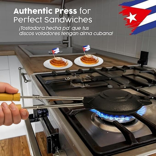 Disquera de Pan Cubano Redondo (1 Unit) – Cast Iron Cuban Sandwich Press for Disco Volador Para Sandwich – 15” Traditional Sandwich Maker with Wooden Handles