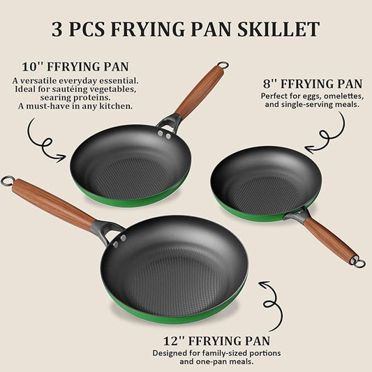 YUTANN Nonstick Frying Pan Set, 8" 10" 12" Ceramic Frying Pans, Pre-seasoned Cast Iron Pan Cookware Set with Removable Handle, Dishwasher Safe, Free of PFAS & PFOA, Compatible with All Stovetops