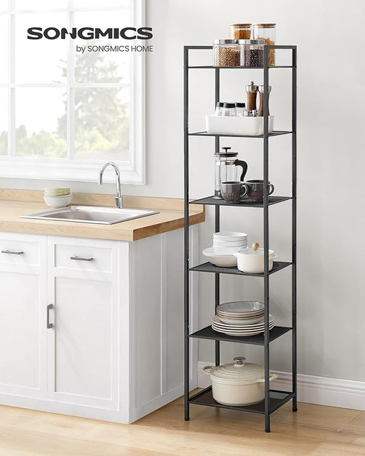 SONGMICS 6-Tier Storage Rack, Bathroom Shelf, Extendable Plant Stand with Adjustable Shelf, for Bathroom, Living Room, Balcony, Kitchen, Classic Black UBSC036B01