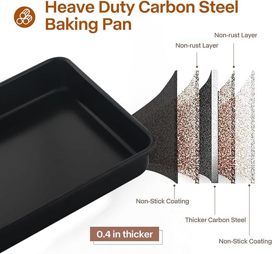 Rectangle Cake Pan, Deep Baking Pans Set Nonstick, 9/11/13 Inch, Heavy Duty Thickness Bakeware Roasting Tray for Toaster Oven, Thanksgiving Christmas Roast Turkey Pan, 3-Pack, Black