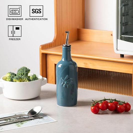 Sweejar Ceramic Olive Oil Dispenser Bottle, 18 FLOZ Oil Bottle with Spout,Porcelain Oil Dispenser for Kitchen,Cooking, Evoo, Vinegar, Soy Sauce, Pack of 1 (Fog blue)