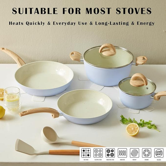 Blue Non Stick Pots and Pans Set, Healthy Ceramic Cookware Set, 12pcs Kitchen Cooking Pots and Frying Sauce Saute Pans Set, PFAS-Free with Kitchen Utensils and Lid