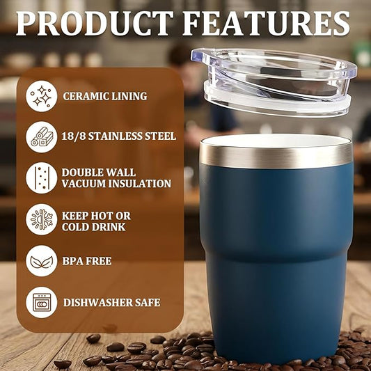 Zenbo 8 oz Stackable Espresso/Coffee Cups with Magnetic Lid, Ceramic-Lined 18/8 Stainless Steel Mini Tumblers, Double-Wall Vacuum Insulated & Dishwasher Safe for Travel & Office, 2 Pack