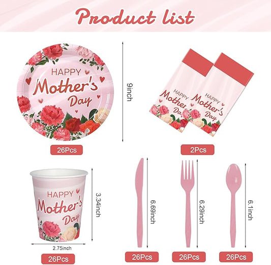 Childom Mothers Day Decorations for Party,132 Pcs Disposable Mothers Day Plates Tablecloth Cups Knives Spoons Forks for Party Supplies,Plates Tableware for Moms Birthday,Home,Brunch,Dinner,Serves 26