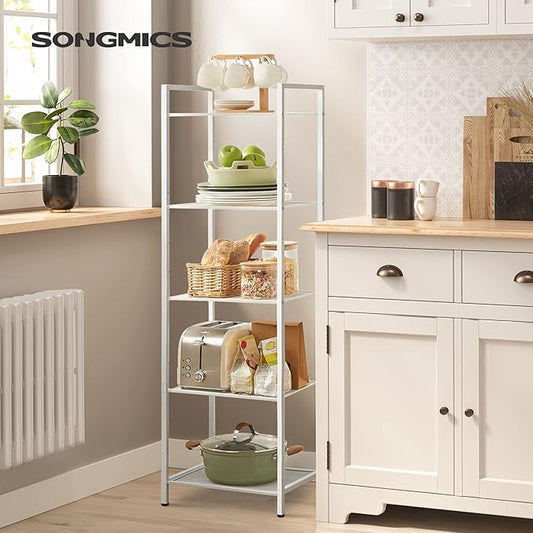 SONGMICS 5-Tier Storage Rack, Bathroom Shelf, Extendable Plant Stand with Adjustable Shelf, for Bathroom, Living Room, Balcony, Kitchen, White UBSC035W01