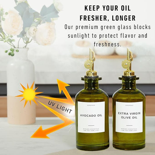 Green Glass Olive Oil Dispenser Bottles For Kitchen,Avocado Oil Dispenser Set, Modern Decor, Gold Kitchen Accessories for Home, Airbnb, Cafe (Gold, Set of 2)