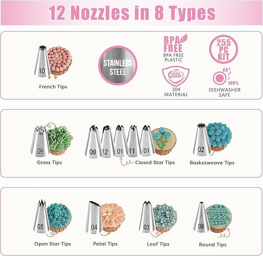 Cake Decorating Supplies Kit Tools 255pcs, Cake Decorating Set with Cake Turntable, 12 Numbered Icing Piping Tips, Cookie Cutters, Icing Smoother & Other Accessories for Cake Decoration (255 PCS)