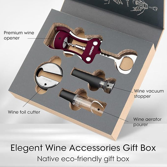 Beneno Multifunctional Wine Bottle Opener Gift Set - Wing Corkscrew, Foil Cutter, Vacuum Stopper & Aerator Pourer, Perfect for Wine Lovers Man Woman, Purple Set
