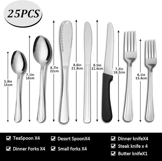 Silverware Set with Butter Knife - Dominion 25 PCS 18/0 Stainless Steel Flatware Utensils Cutlery Set For 4 Including Steak Knife Fork and Spoon for Home, Restaurant, Party, Dishwasher Safe