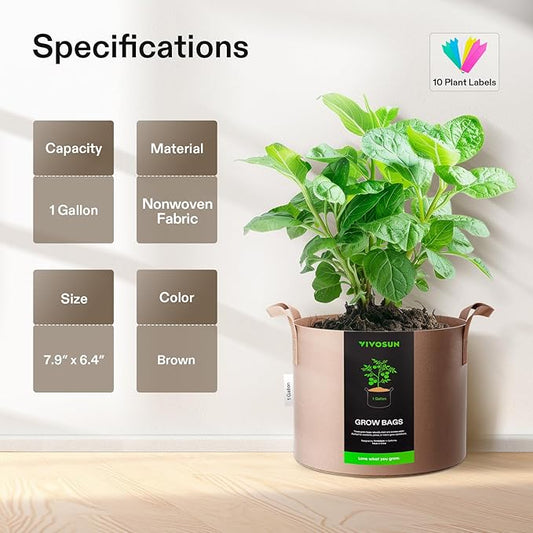 VIVOSUN 5-Pack 1 Gallons Grow Bags Heavy Duty Thickened Nonwoven Fabric Pots with Strap Handles Tan