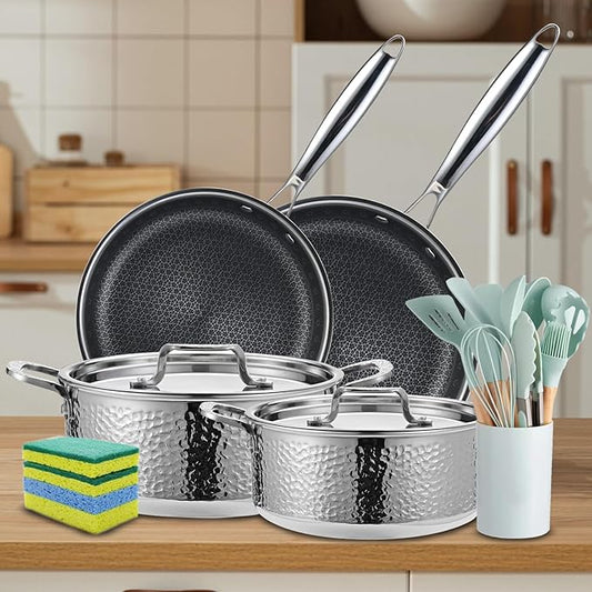 Vivicreate 20 Piece Stainless Steel Cooking Pot pots and Pan pans Cookware Set Non Toxic PFOA Free Non Stick Pots and Pans Hammered Design Induction Compatible Ollas de Acero Inoxidable