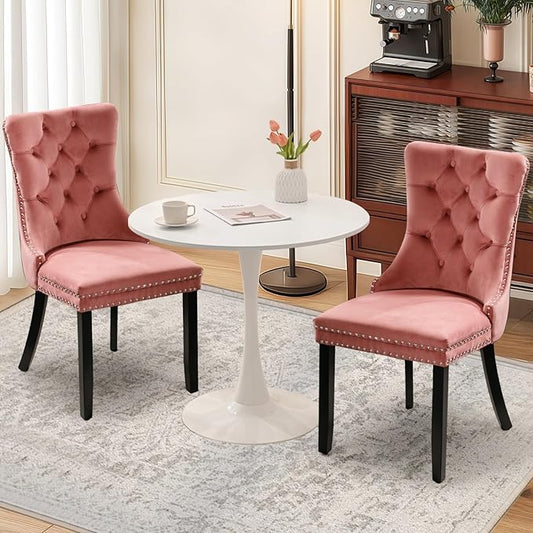 3-Pieces Dining Sets, 31.5" Round Dining Table Set with 2 Velvet Upholstered Dining Chairs,Wooden Legs Design for Kitchen Dining Room Apartment Small Space(1 White Table with 2 Pink Chairs)