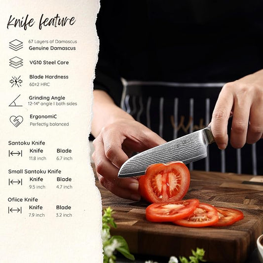 Wakoli MIK Damascus 3-Piece Knife Set – Japanese Style Kitchen Knives | Genuine Damascus Steel Blades with VG10 Core | Ergonomic Micarta Handles | Professional Chef Knife Gift Set in Elegant Box